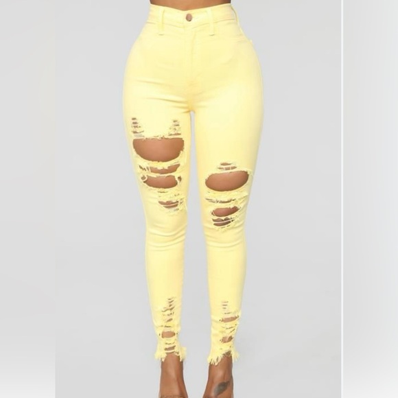 Fashion Nova Denim - Fashion Nova Yellow Skinny Distressed Jeans